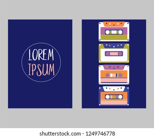 Retro party 80's banner, cover or invitation card with cassete tape. Old style vector poster