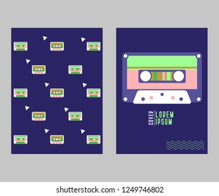 Retro party 80's banner, cover or invitation card with cassete tape. Old style vector poster