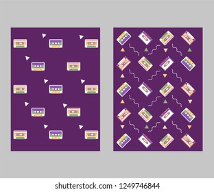 Retro party 80's banner, cover or invitation card with cassete tape. Old style vector poster
