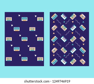 Retro party 80's banner, cover or invitation card with cassete tape. Old style vector poster