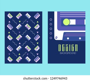 Retro party 80's banner, cover or invitation card with cassete tape. Old style vector poster