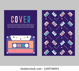 Retro party 80's banner, cover or invitation card with cassete tape. Old style vector poster