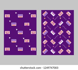 Retro party 80's banner, cover or invitation card with cassete tape. Old style vector poster