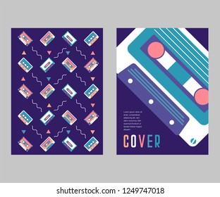 Retro party 80's banner, cover or invitation card with cassete tape. Old style vector poster