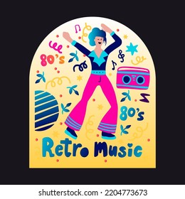 Retro party 80s music poster with gradient lettering 70s vintage disco dance flyer, cartoon character vector person