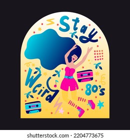 Retro party 80s music poster with gradient lettering 70s vintage disco dance flyer, cartoon character vector person