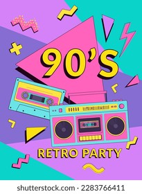 Retro party 90's poster, invitation card or banner with boombox, cassette and geometric elements. Music festival vector illustration. Background in Memphis style. 