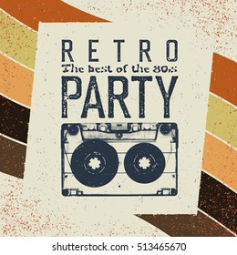 Retro party advertising flyer with old audiocassette. Old-fashioned poster design. Vector vintage illustration. Sunburst retro background  