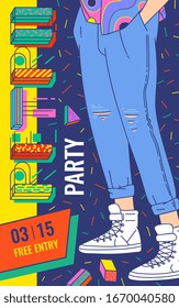 Retro party advertising poster template - fashion image of person wearing jeans in 80s and 90s style, cartoon sketch vector illustration. Background for vintage placard.