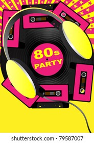 Retro Party Background - Audio Cassette Tapes and Headphones