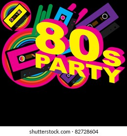 Retro Party Background - Audio Cassette Tape and Disco Sign on Multicolor Background