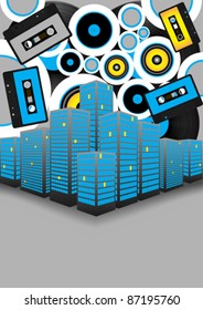 Retro Party Background - Audio Tapes, Vinyl Records and Skyscrapers on Grey Background