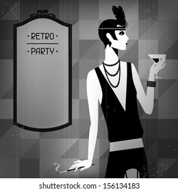 Retro party background with beautiful girl of 1920s style.