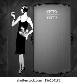 Retro party background with beautiful girl of 1920s style.