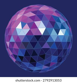 Retro party background with glitter disco ball in neon purple and burgundy color. Low poly triangulation multicolored mirror geosphere. Vector icon