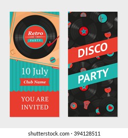 Retro party background with vinyl turntable and pattern. Invitation template. 