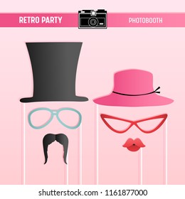 Retro party, bridal shower, movember printable Glasses, Hats, Lips, Moustaches, Masks for photobooth props in vector