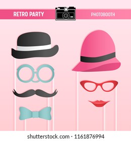 Retro party, bridal shower, wedding celebration, movember printable Glasses, Hats, Lips, Moustaches, Masks for photobooth props in vector