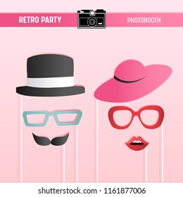 Retro party, bridal shower, wedding celebration, movember printable Glasses, Hats, Lips, Moustaches, Masks for photobooth props in vector