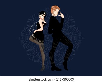 Retro party card, man and woman dressed in 1920s style dancing, flapper girls handsome guy in vintage suit, twenties, vector illustration