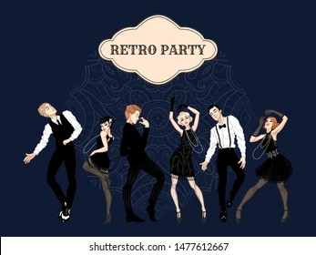 Retro party card, men and women dressed in 1920s style dancing, flapper girls, handsome guys in vintage suits, twenties, vector illustration