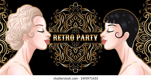 Retro party card, two young beautiful women in 1920s style, flapper girls, twenties, vector illustration