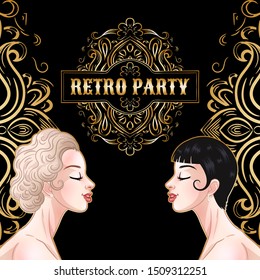 Retro party card, two young beautiful women in 1920s style, flapper girls, twenties, vector illustration