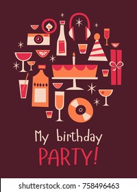 Retro Party cartoon illustration. Invitation card design. Greeting Card. Set of party items: glassses, disk, wine, champaigne, photo, presents, gifts, birthday cake. Vector illustration.
