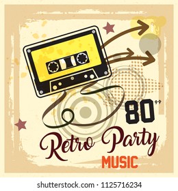Retro party with cassette tape on grunge background
