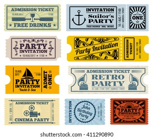 Retro party, cinema, invitation vector tickets set. Invitation ticket, retro ticket cinema, event ticket paper template illustration