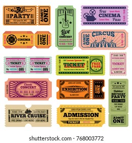 Retro party, cinema, movie and music event vector passing tickets set. Ticket to theater and music concert illustration