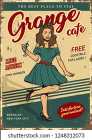 Retro Party Colorful Poster With Pretty Woman In Beautiful Dress Holding Cocktail In Vintage Style Vector Illustration