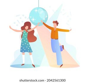 Retro Party concept. Man and woman in stylish suits dance to music next to disco ball. Themed festival. Characters under floodlights. Cartoon flat vector illustration isolated on white background