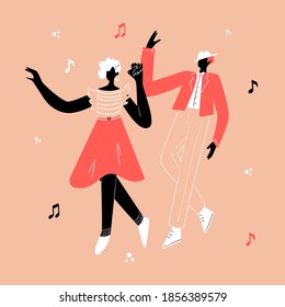 Retro party dance concept. Black young couple dancing swing, lindy hop, rock n roll. Vector illustration