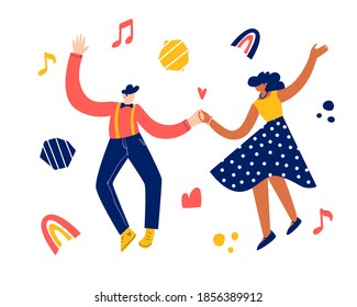 Retro party dance concept. Black young couple dancing swing, lindy hop, rock n roll. Vector illustration