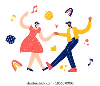 Retro party dance concept. Black young couple dancing swing, lindy hop, rock n roll. Vector illustration