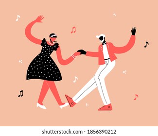 Retro party dance concept. Black young couple dancing swing, lindy hop, rock n roll. Vector illustration