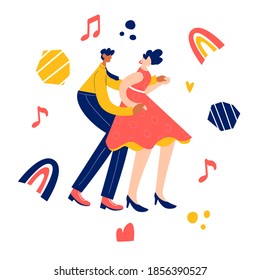 Retro party dance concept. Black young couple dancing swing, lindy hop, rock n roll. Vector illustration