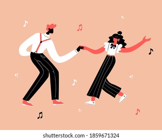 Retro Party Dance Concept. Black Young Couple Dancing Swing, Lindy Hop, Rock N Roll. Vector Illustration