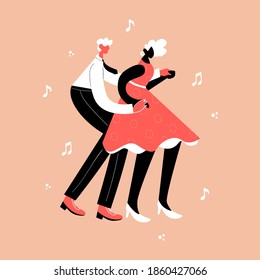 Retro Party Dance Concept. Black Young Couple Dancing Swing, Lindy Hop, Rock N Roll. Vector Illustration