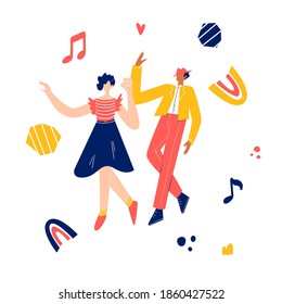 Retro party dance concept. Black young couple dancing swing, lindy hop, rock n roll. Vector illustration
