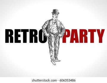 Retro party design with old-fashioned gentleman. Art Deco and Nouveau Epoch. Hand drawn vector illustration in vintage engraved style. Portrait of a gentlemen in a suit