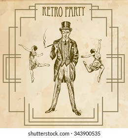 Retro party design with old-fashioned girls and gentlemen. Art Deco and Nouveau Gatsby Epoch 1920's 1930's and 1940's Style. Vector illustration