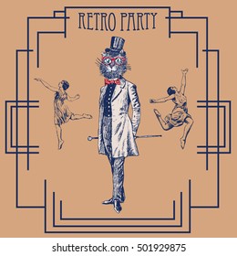 Retro party design with old-fashioned girls and cat gentleman. Art Deco and Nouveau Epoch 1920's 1930's and 1940's Style. Vector vintage illustration. Cat hipster, furry art, fashion animals