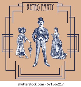 Retro party design with old-fashioned girls and gentleman. Art Deco and Nouveau Gatsby Epoch 1920's 1930's and 1940's Gatsby Style. Vector vintage illustration