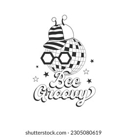 bola disco de fiesta retro con imagen vectorial de texto groovy abeja. Diseño de impresión de tee blanco negro prefabricado en primavera de verano.