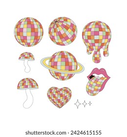 Retro party disco ball elements heart planet mushroom cap woman mouth with tongue out shape vector illustration set isolated on white. Groovy disco 60s 70s 80s print collection.