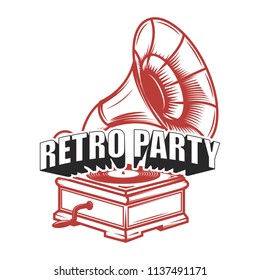 Retro party. Emblem template with retro gramophone. Design element for badge, poster, card. Vector illustration