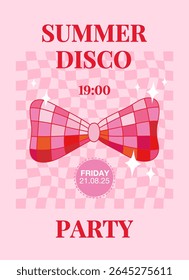 Retro party fashion print with bow disco balls. Vintage, preppy wall art with disco mirror ball. Cowgirl western and wild west theme. Slogan summer disco party. Vector for t shirt print, poster etc.
