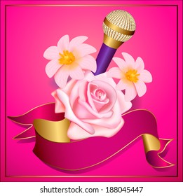 retro party flyer or poster template with microphone and flowers